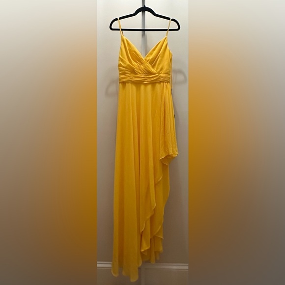 NWT Mac Duggal Ieena Spaghetti Strap High Low Chiffon Dress 6 Mango Yellow - Picture 3 of 10